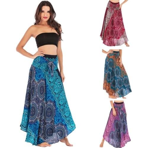 New Womens Summer Thai Style Skirt Cotton Silk Print Belly Dance Skirts Beach Holiday Ethnic Style Temperament Skirt