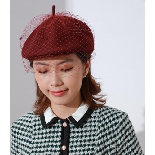 2021 New Wool Fedora Hats For Women Mesh Veil Hepburn Beret Girl Cute Painter Cap Winter Lady Newsboy Hat Black Pillbox Felt Hat