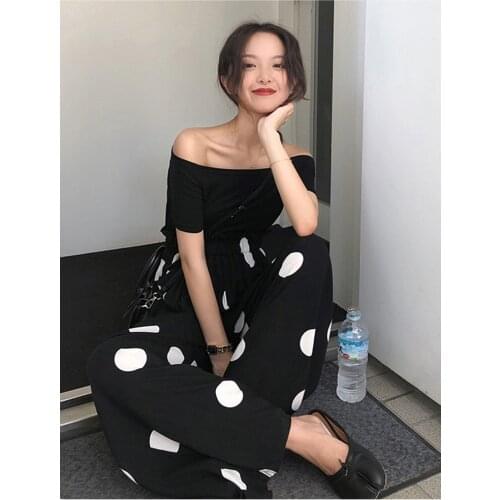 Customize Made Women Casual Plus Size 3XS-10XL Black/Beige Polka Dot Print High Elastic Waist Long Loose Wide Leg Pants