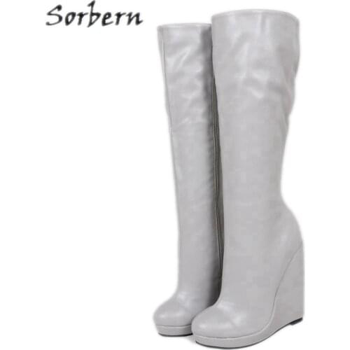 Sorbern Women Gray Knee Length Wedges Boots Zipper Round Toe Plus Size Custom Color Botas Mujer 2019 Fashion Boots