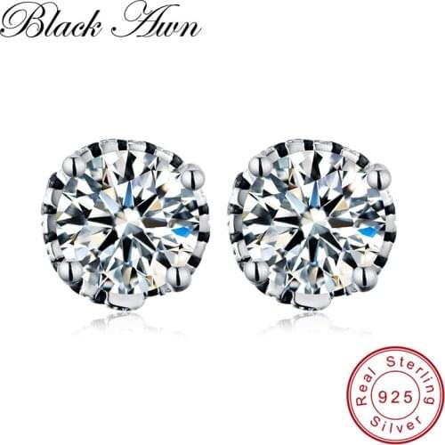 [BLACK AWN] Sterling Silver 925 Jewelry Wedding Stud Earrings for Women Female Black Spinel Earrings T184