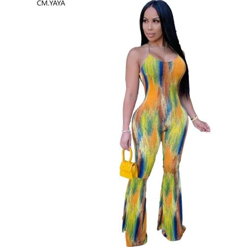 CM.YAYA Tie Dye Print Sexy Women Sleeveless Halter Neck Open Back Flare Jumpsuits Rompers Club Party One Piece Outfits Playsuit