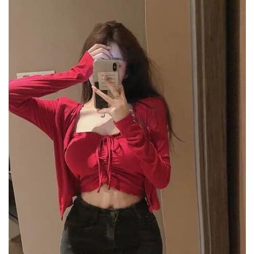 Autumn and winter long-sleeved cardigan suit short One shoulder tube top women 2 piece set sexy two piece black