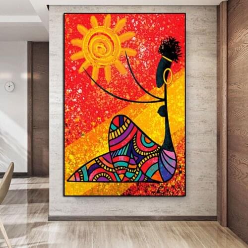 African Art Black Woman With Sun Abstract Canvas Painting Decorative Wall Picture For Living Room Poster And Print Home Decor