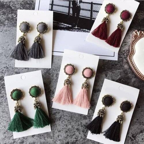 Bohemian Tassel Crystal Long Earrings for Women Red Cotton Silk Fabric Fringe Earrings 2020 Fashion Woman Jewelry