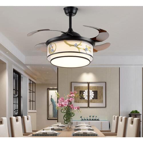 Chinese style Designer 42 inch Remote Controlled Chandelier Ceiling Fan Lamp with Cloth Lamp Shade Ceiling Fan with Led Light