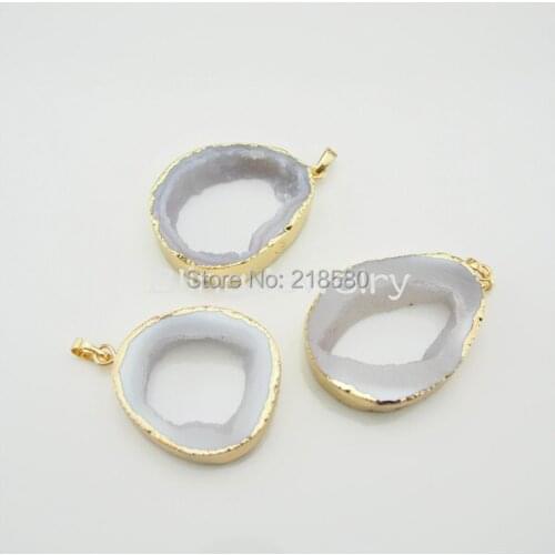 H-SP109 White Druzy Geode Cluster Crystal Pendant with Gold Edge