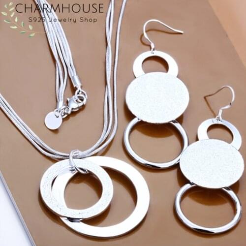Charmhouse Silver 925 Jewelry Sets For Women Double O Pendant Necklace Long Earrings 2pcs Costume Jewelry Set Accessories Gifts