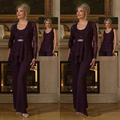 2020 Mother Of Bride Pant Suit Three Pieces Lace Mother Formal Wear Plus Size Special Occasion Mothers Pantsuit With Jacket
