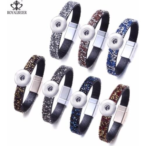 RoyalBeier Leather Rhinestone Crystal Women Bracelet Fit 18mm Snap Button Bangle Metal Magnet Buckle Jewelry pulseira artesanais