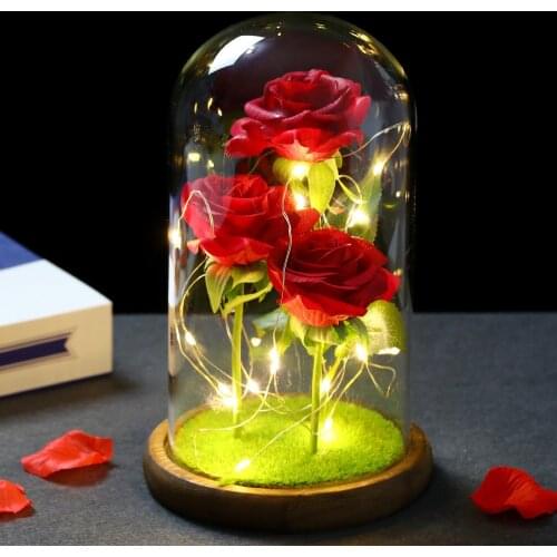 Creative high quality Beauty and the beast Three Flowers Red Rose LED Light Summit Base Glass For Mother Valentines Day Present