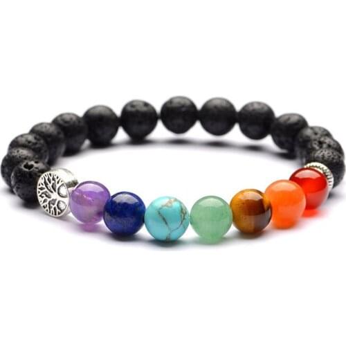 Round Tree of life Charms Seven Chakras 8mm Lava Stone Beads Bracelets DIY Essential Oil Diffuser Bracelet Buddha Yoga Jewelry