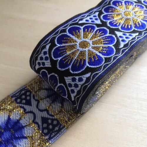 5cm 50mm 2' blue gold Filigree flower white folk classic laciness lace national ethnic jacquard ribbon embroidery woven webbing