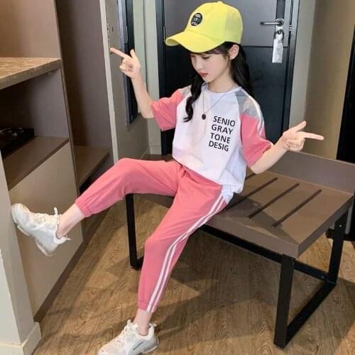 2021 Summer School Girls Outfits Short Sleeve Tops and Sport Pants Korean Children Clothing Set 2 Piece Sets for Kids 12Y