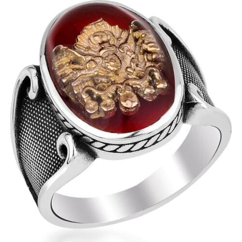 Round Red Onyx Gemstone Ring Silver Ring Men Ottoman Coat of Arms Vintage Jewelery 925 Sterling Silver Turkish Men Ring