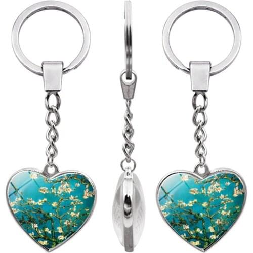 New Van Gogh sunflower star moon night double-sided heart-shaped keychain pendant metal key chain pendant small gift