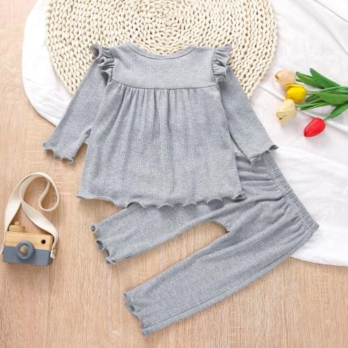 Autumn Fashion Newborn Baby Girl Clothes Solid Color Long Sleeve Ruffle T-Shirt Tops Pants 2Pcs Outfits Toddler Clothes