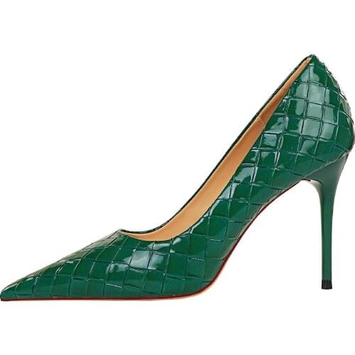 European and American glossy patent leather woven fine heel large size shallow mouth pointed sexy womens single shoes