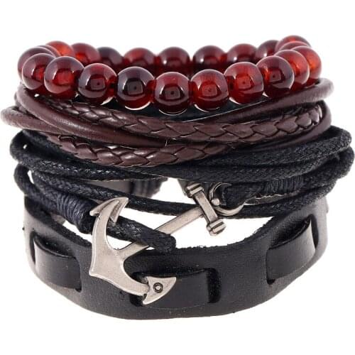 Retro Anchor Charm Leather Bracelets Multilayer Men Bracelet Set With Beads And Rope Band Nautical Bracelet For Sailors Marines