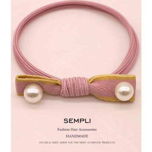 Sempli Pearl Hand-Made Bow Plaid Hair Ring Hair Scrunchy Ponytail Holder Hair Ties Gum Elastic Hair Rubber Bands Accessories