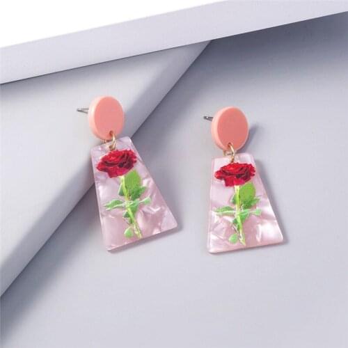 Pink Transparent Acrylic Resin Rose Flower Trapezoidal Earrings Irregular Geometric Stitching Drop Earrings for Women Gifts