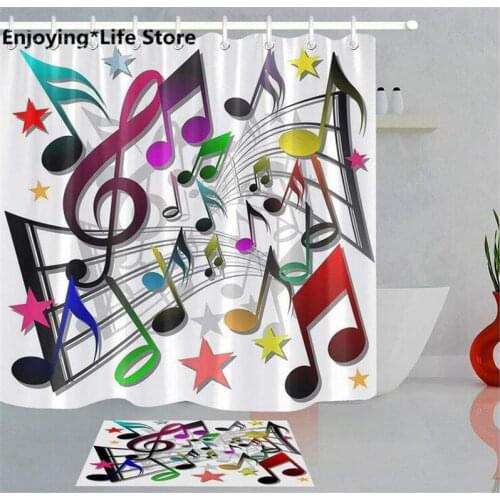 Colorful Shower Curtain Set Music Notes Pattern Waterproof Shower Curtain Bathroom Bath Mat 72 x 72'' with 12 Hooks Mat 24x16