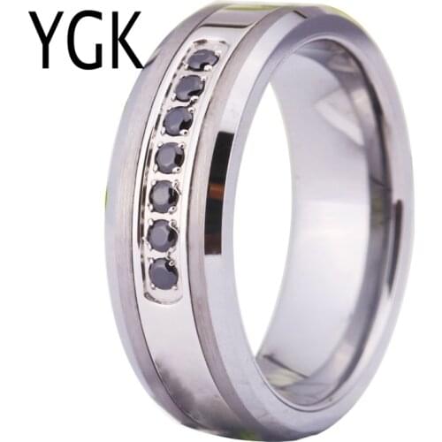 YGK Brand Jewelry Hot Sales 8MM Silver Beveled With Matte Surface and 7 Black CZ Stones Tungsten Ring For Wedding