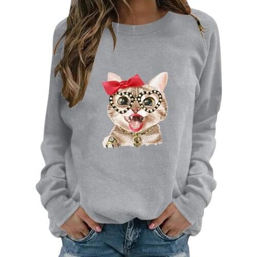 Women Casual Long Sleeve Round Neck Lovely Cartoon Cat T-shirt Solid Color Blouse Top Daily All-match Lovely Girls T-shirt Top