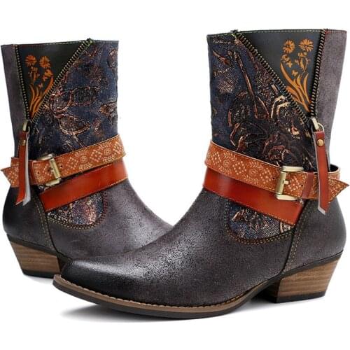 Genuine Leather Cowgirl Boots Shoes Chunky Heels Woman Boots Handmade Classic Embroidered Western Cowboy Ankle Boots For Women