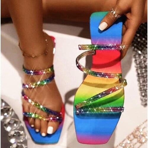 Womans New Summer Beach Shoes Flat Slippers Outdoor Sandals Rhinestones Multicolor Plus Size