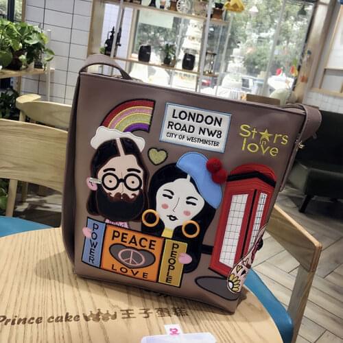Women Bags Leather Patchwork Embroidery Messenger Bag Girl Shoulder Bags Female Bag Braccialini Brand Style Cartoon Star Love
