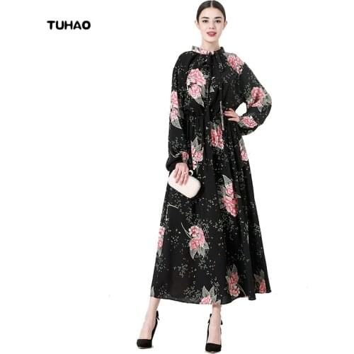 TUHAO Autumn Winter Swing A Line Dress Floral Print Robes Plus Sizes 5XL 6XL 7XL Floor Length Femme Maxi Long Dresses CM07