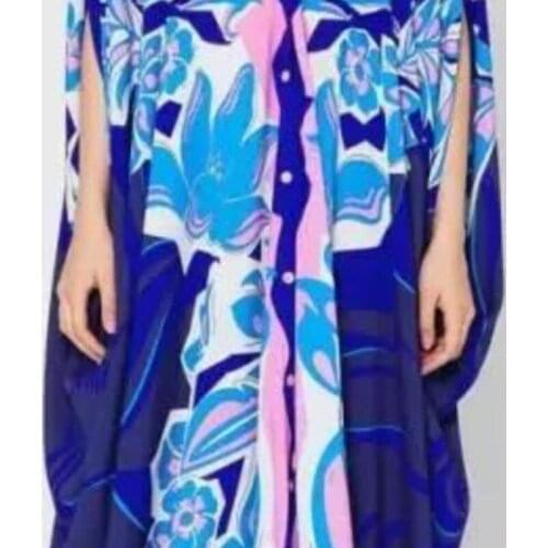 Blue abstract floral chiffon cross border maxi knitted dress women robe 20 summer long casual beach sexy loose dresses plus size