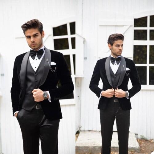 Winter Fashion Black Velvet Men Suits for Wedding Groom Tuxedo 3 Piece Custom Made Fashion Set Jacket (Jacket+Vest+Pants)