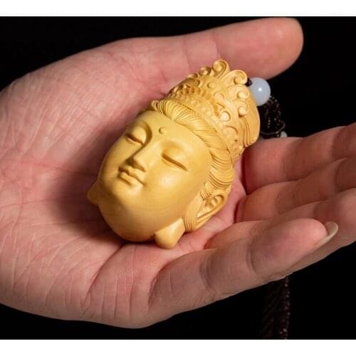 Boxwood 7CM Guanyin Head Pendant Solid Wood Carving Feng Shui Buddha Statue Chinese Wealth Sculpture Guan Yin Home Decor