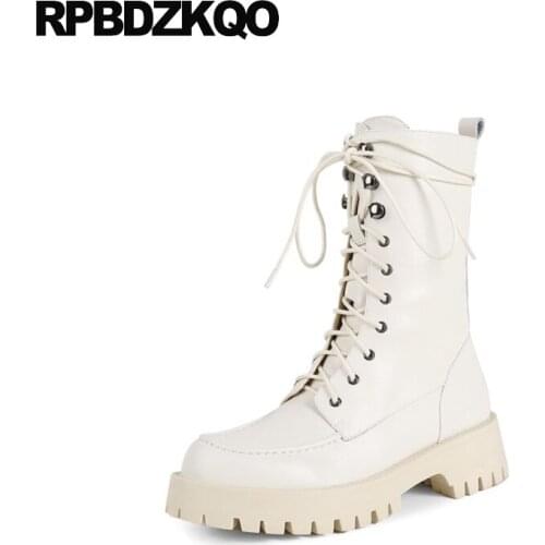 Round Toe Military Lace Up Real Leather Women Ankle White Platform Boots Block Zip Shoes Martin Chunky Beige Combat Designer