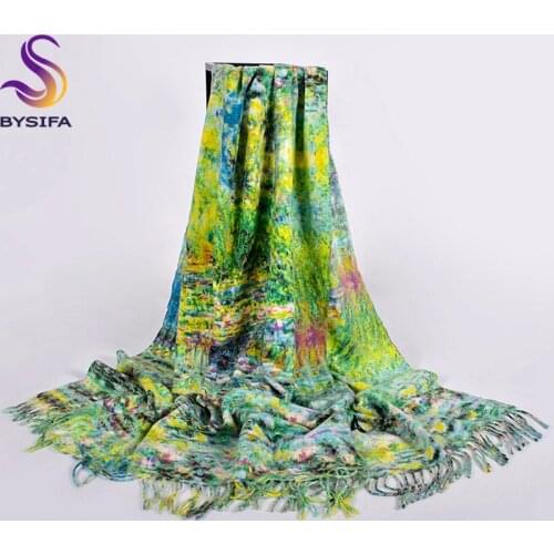 [BYSIFA] New Women Green Imitation Wool Scarves Shawls Fashion Brand Thicken Warm Ladies Long Tassel Neck Scarves Wraps Printed