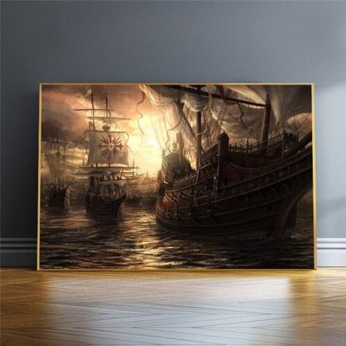 Pirate Ship Painting Black Sailing Ship on Sea Canvas Vintage Posters and Prints Ship Murals for Living Room Home Decoration