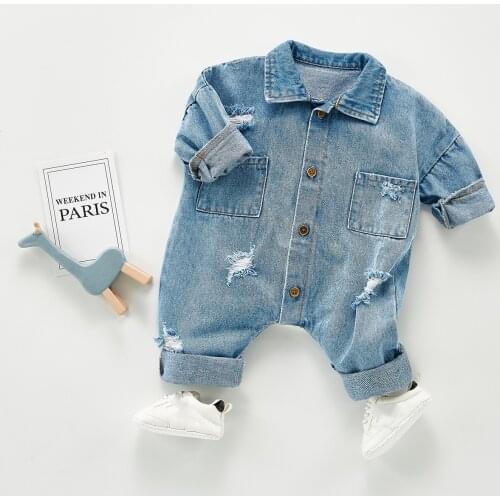 FOCUSNORM 0-24M Newborn Baby Boys Denim Jumpsuits Autumn Clothes Long Sleeve Single Breasted Hole Rompers