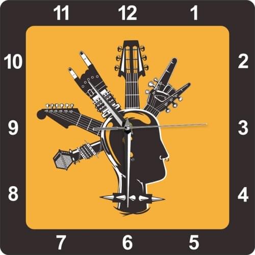 Cool Punk Head Print Square Wall Clock Guitar Rock and Roll Music Retro Style Heavy Metal Musical Instrument Wall Hanging Watch