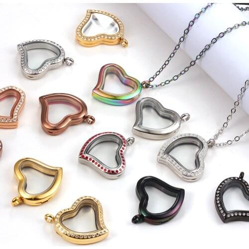 30mm Curvy Heart Magnetic Closure 316L Stainless Steel Rose gold/Gold/Black Floating Charm Glass Locket with Necklace