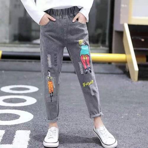 Fashion Cartoon Jeans for Girls Teenage Children Jeans Elastic Waist Denim Pants Kids Trousers for Girls Kids Clothes 4-13T