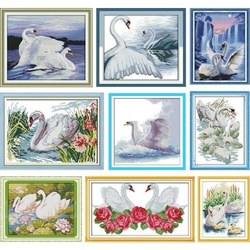 Cross-Stitch Kit Stamped Swan Mother and Her Son Printed 11CT 14CT Paint Counted Patterns Crafts Decor Embroidery Needlework Set