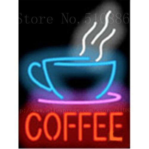 Coffee with Cup Neon sign Real Glass Tube Bulbs Light Bar Beer Club Custom Neon signs Store Decoration Signboard drink 17"x14"