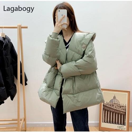 Lagabogy 2021 New Winter Casual Women Hooded Warm Puffer Jacket Female 90% White Duck Down Coat Long Sleeve Ultra Light Parkas