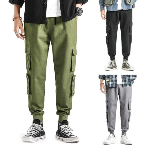 New Men Pants Casual Large Size Ankle-tied Multi-pockets Drawstring Cotton Pants Trousers Homme Sweatpants Male Trouser