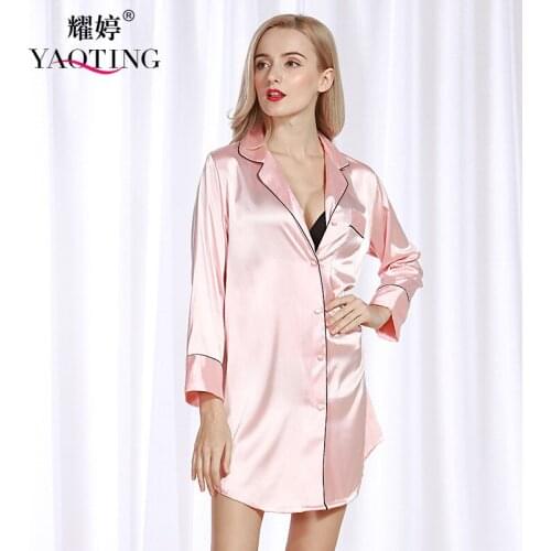 Sexy Women Sleepdress Silk Nightgown Solid Turn Down Button Thin Sleepwear Soft Loose Sleepshirt Long Sleeve Nightgown