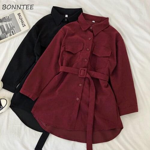 Long Sleeve Dress Women Corduroy Solid High Quality Thick Simple Sashes Elegant Womens French Style All-match Chic Vintage HOT