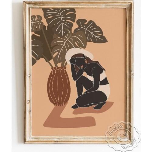 Woman And Landscape Plant Poster, Terracotta And Pink Art Prints, Nature Ornamental Botanical With Girl Abstract Wall Picture