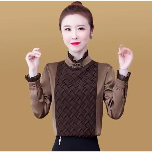 Plus Size 4XL Long Sleeve Women Blouse spring autumn Turtleneck Loose Puff Sleeves Patchwork Chiffon Blouse Top for Women Blusas